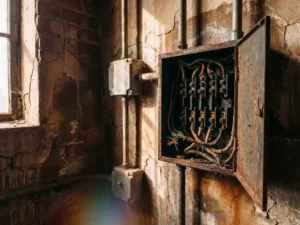 Aged electrical panel with corroded wiring, brittle insulation, and oxidized copper contacts mounted on crumbling plaster walls.