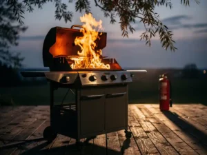 Gas grill with dangerous orange flames over dry wooden deck, overhanging tree branches nearby, fire extinguisher visible in background at dusk.