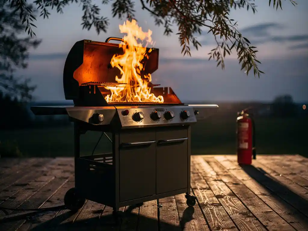 Gas grill with dangerous orange flames over dry wooden deck, overhanging tree branches nearby, fire extinguisher visible in background at dusk.