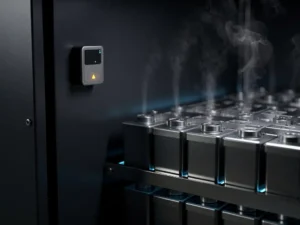 Lithium battery cabinet interior with rows of cells emitting faint vapor, amber warning light, and wall-mounted off-gas sensor.