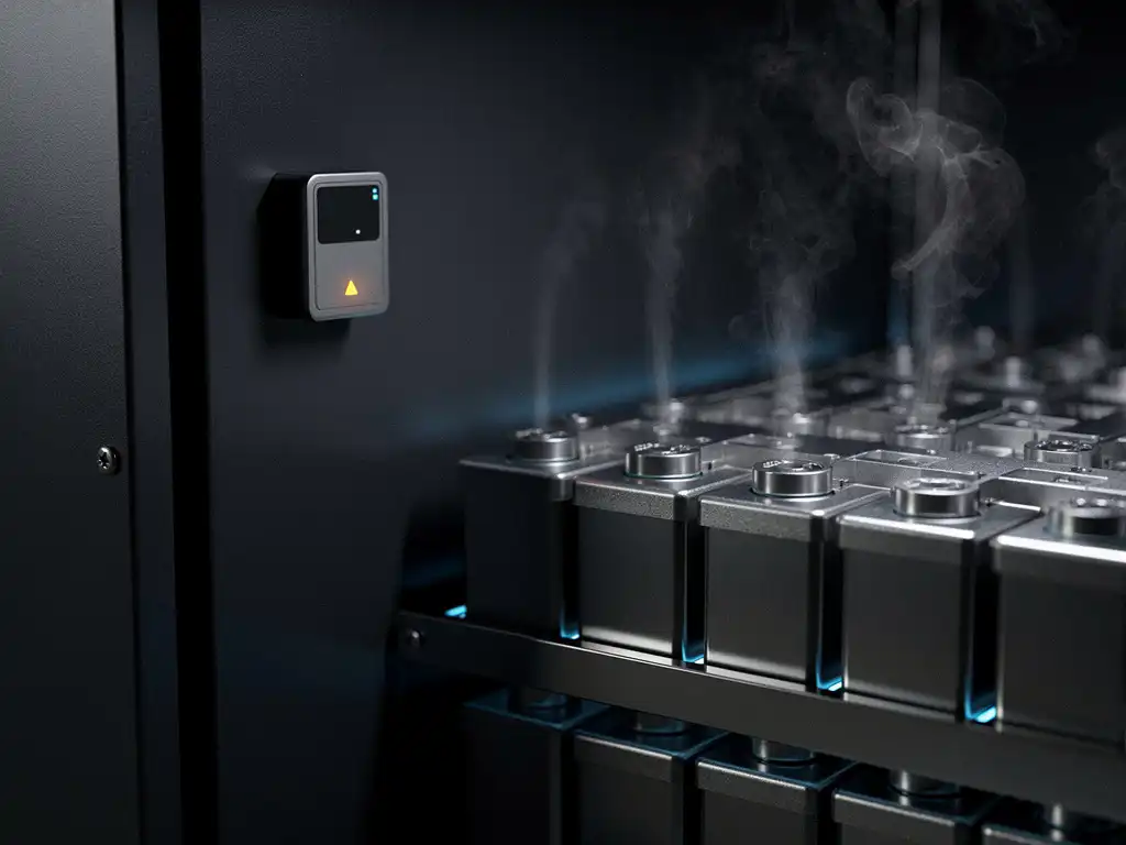 Lithium battery cabinet interior with rows of cells emitting faint vapor, amber warning light, and wall-mounted off-gas sensor.