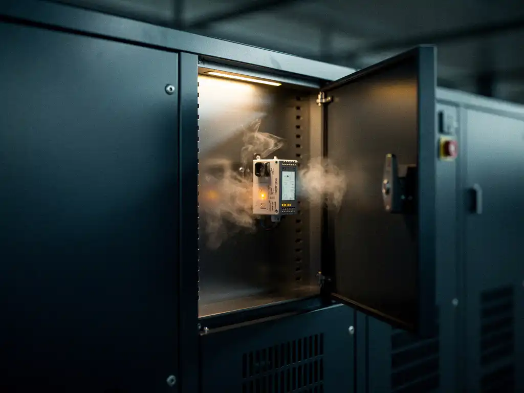 Industrial battery energy storage cabinet ajar with chemical vapor drifting from vents, interior sensor module visible, amber warning light glowing inside.