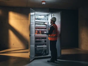 Building manager in hard hat and safety vest inspecting electrical switchgear cabinet, smoke detector overhead, amber emergency lighting on concrete walls.