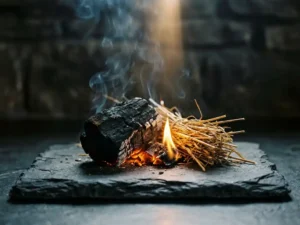 Charred wood, dry golden straw, and a small flame in a triangle on dark stone, glowing amber embers with curling smoke.