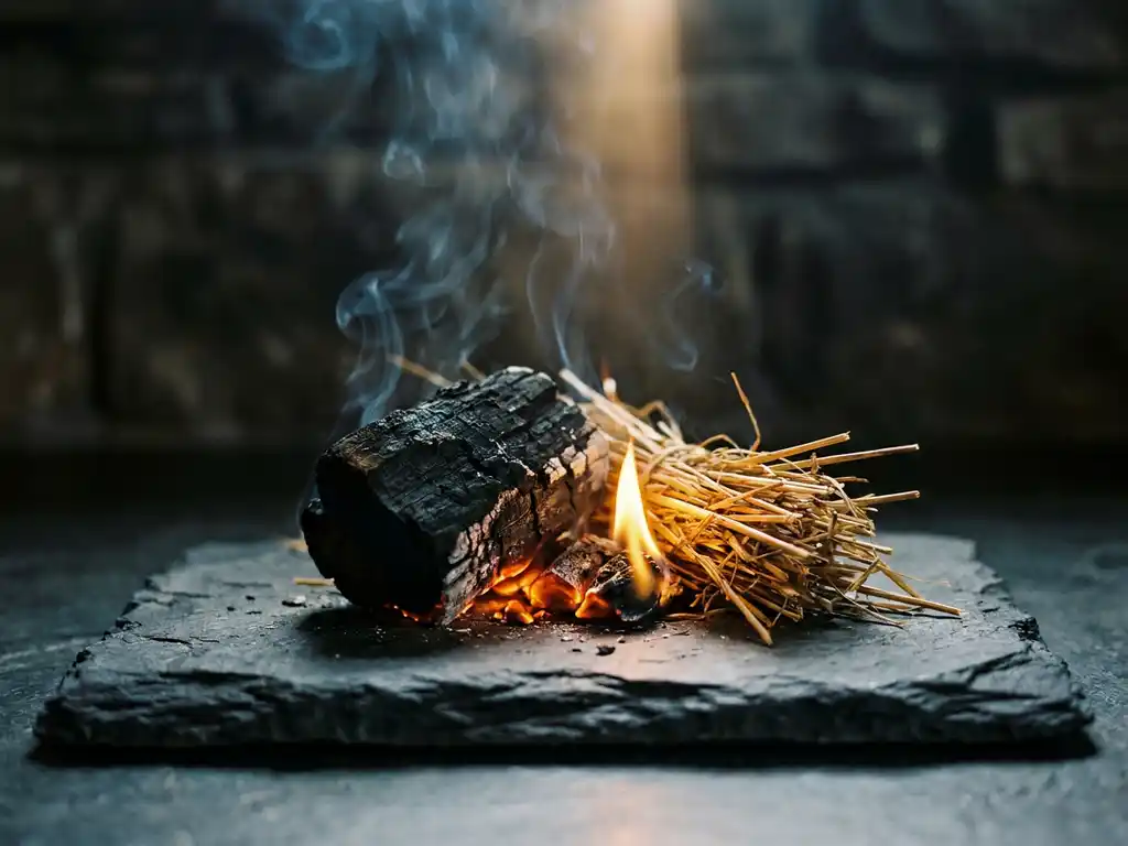 Charred wood, dry golden straw, and a small flame in a triangle on dark stone, glowing amber embers with curling smoke.