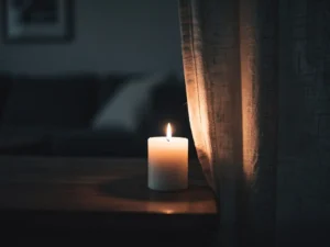 White pillar candle flame burning dangerously close to a dry linen curtain on a wooden surface, fire hazard in dimly lit living room.