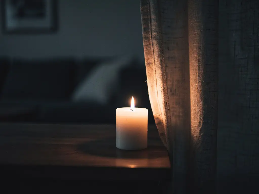 White pillar candle flame burning dangerously close to a dry linen curtain on a wooden surface, fire hazard in dimly lit living room.