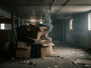 Smoldering cardboard boxes in a dim warehouse, smoke rising toward a sprinkler head as early fire charring spreads across stacked storage containers.