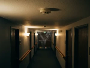Smoke detector on a care home corridor ceiling with faint smoke drifting past handrails and closed wooden doors.