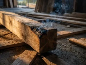 Charred timber beam with smoldering edge and curling smoke on a construction site floor surrounded by raw wood planks.