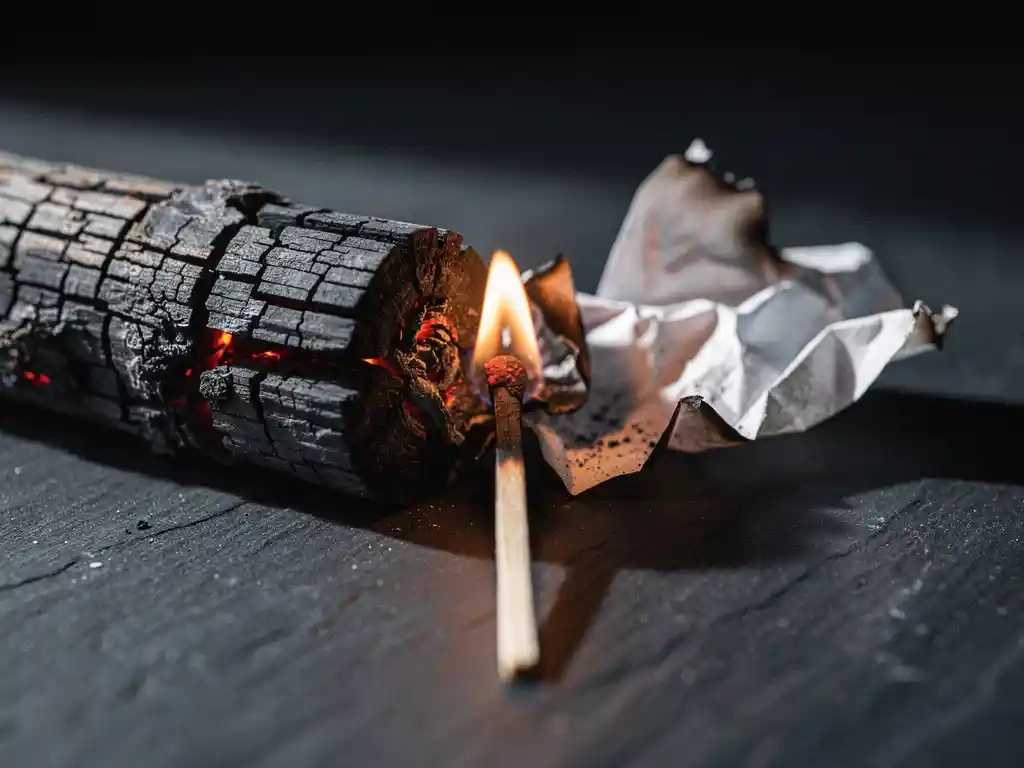 Charred log, crumpled paper, and matchstick forming a triangle on dark slate, single flame burning at their center.