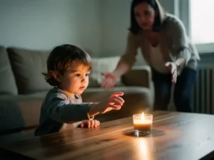 Toddler reaching toward a lit candle on a wooden coffee table while a parent rushes over in a home fire safety warning scene.