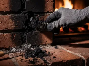 Gloved hand brushing creosote buildup inside a brick chimney flue, wire brush on hearth amid soot, warm amber firelight in background.