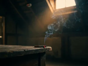Lit cigarette on wooden surface with smoke rising toward ceiling-mounted smoke detector in dimly lit room.