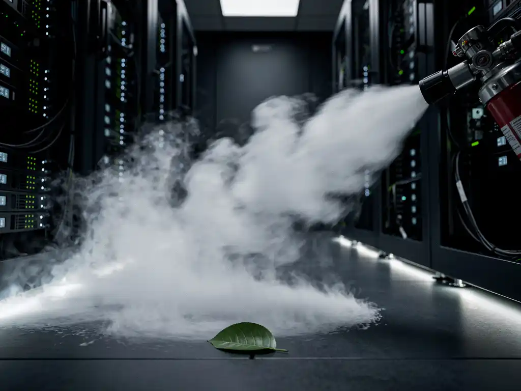 CO2 fire suppression nozzle releasing white gas cloud in dark server room, with a single green leaf on the floor below.