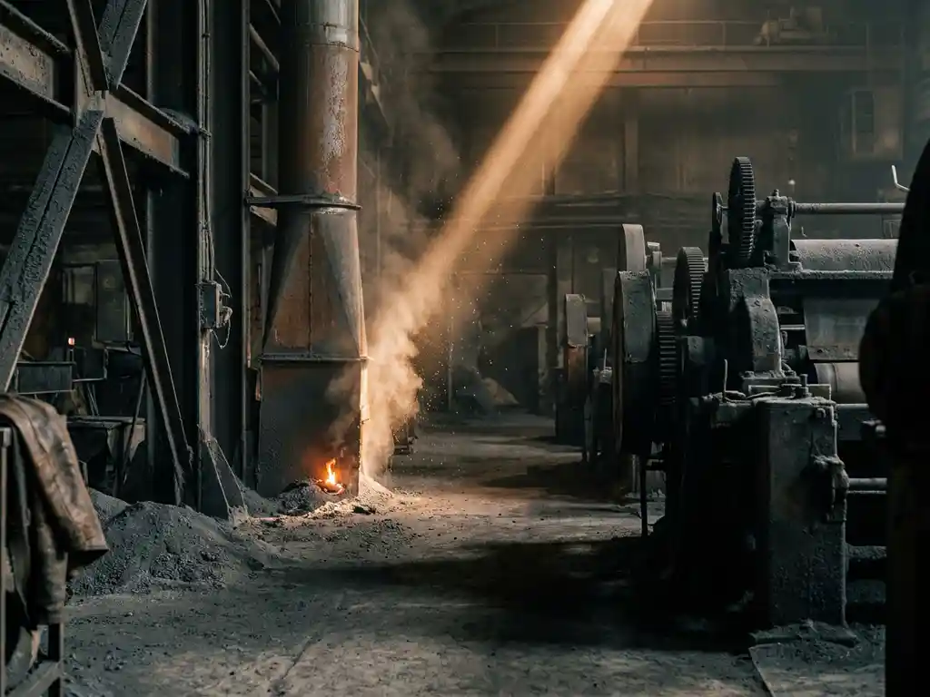 Fine gray dust cloud igniting near a factory ventilation duct, suspended particles caught in harsh warning light above industrial machinery.