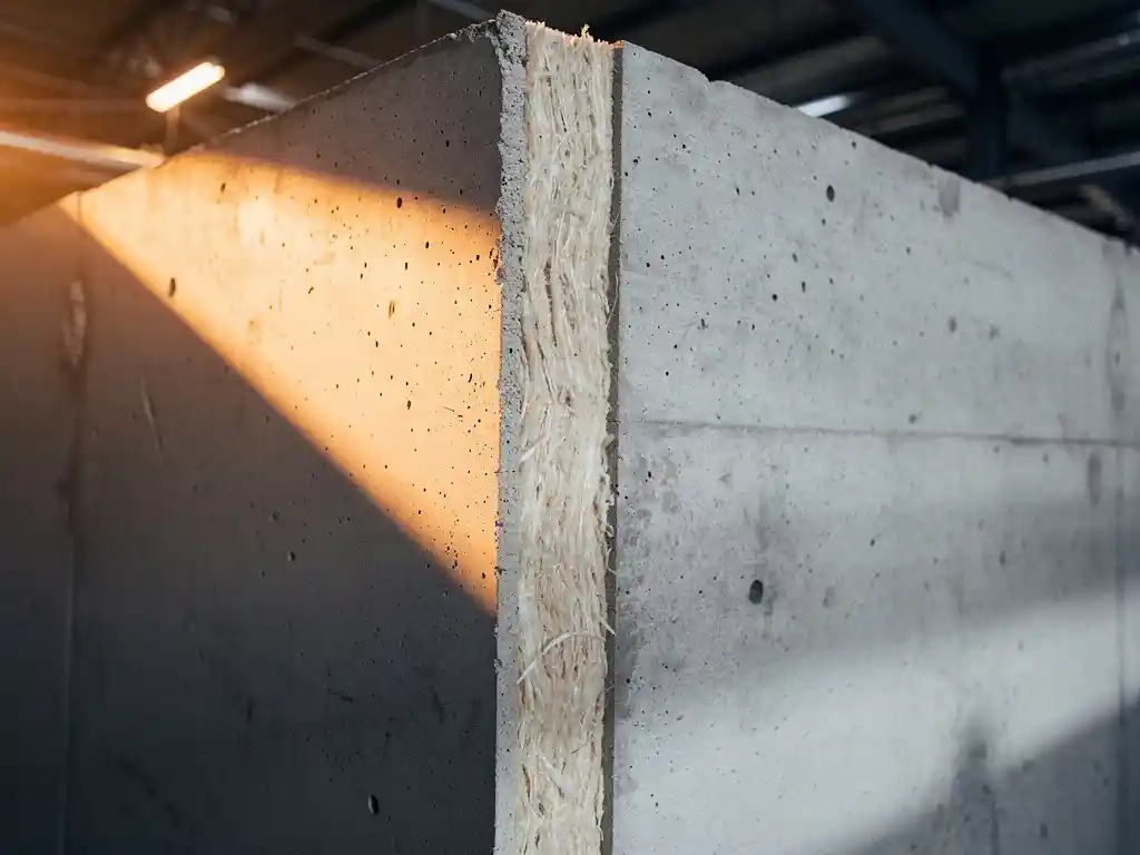 Concrete firewall cross-section exposing mineral wool insulation layers, photographed under warm amber emergency lighting in an industrial facility.