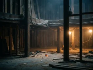 Half-renovated building interior with exposed timber framing, bundled wiring, and a glowing ember on sawdust-covered concrete floor.