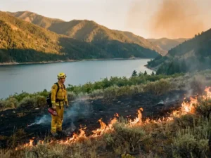 Firefighter in protective gear monitoring a controlled burn on a dry hillside above a mountain reservoir at golden hour.