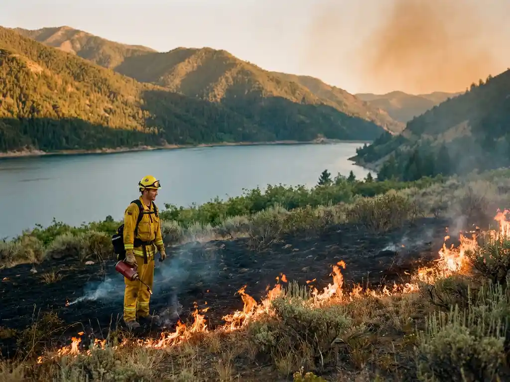 Firefighter in protective gear monitoring a controlled burn on a dry hillside above a mountain reservoir at golden hour.