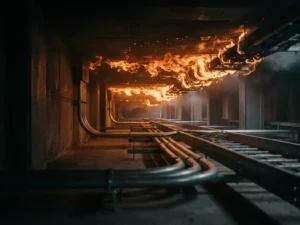 Flames racing along an industrial corridor ceiling, heat-warped air shimmering above electrical conduits in dramatic low-angle view.