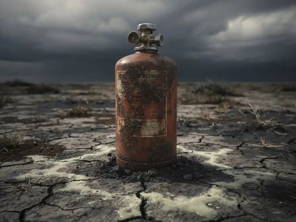 Corroded fire suppression canister half-buried in cracked dry earth with chemical residue stains spreading outward across barren soil.