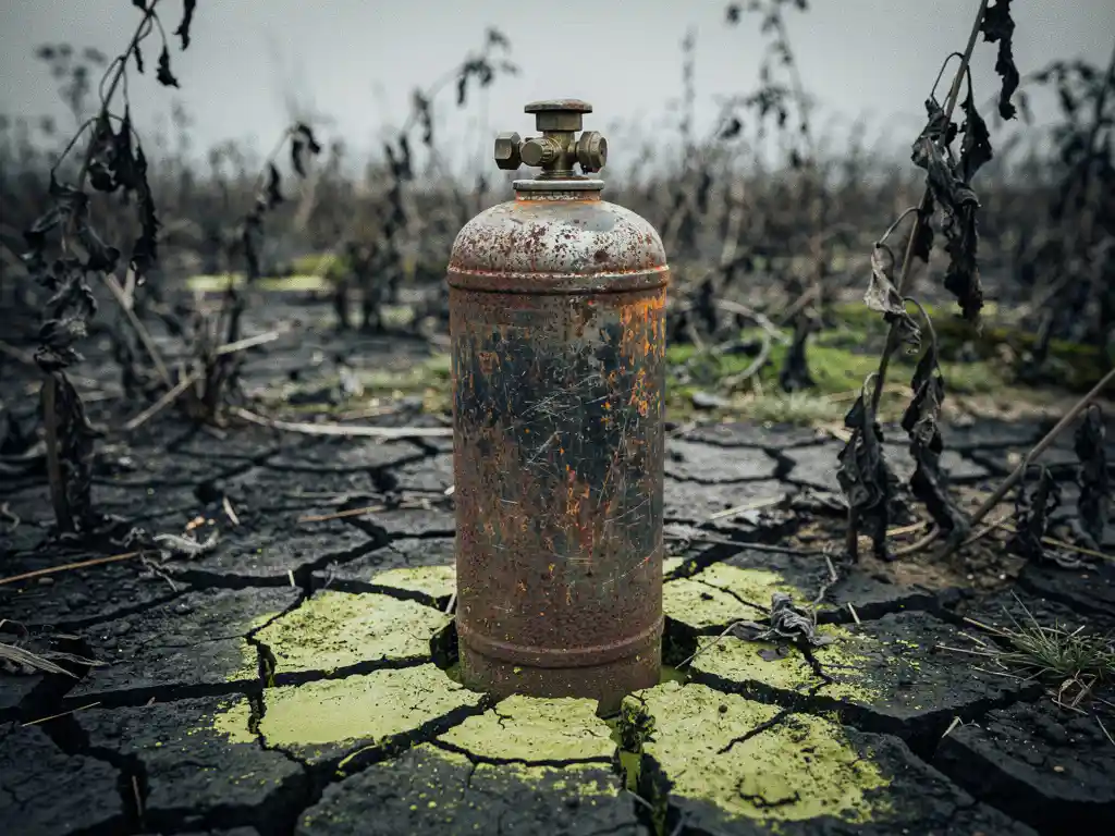 Corroded fire suppressant canister abandoned on cracked dry earth, chemical residue staining soil yellow-green amid wilted vegetation.