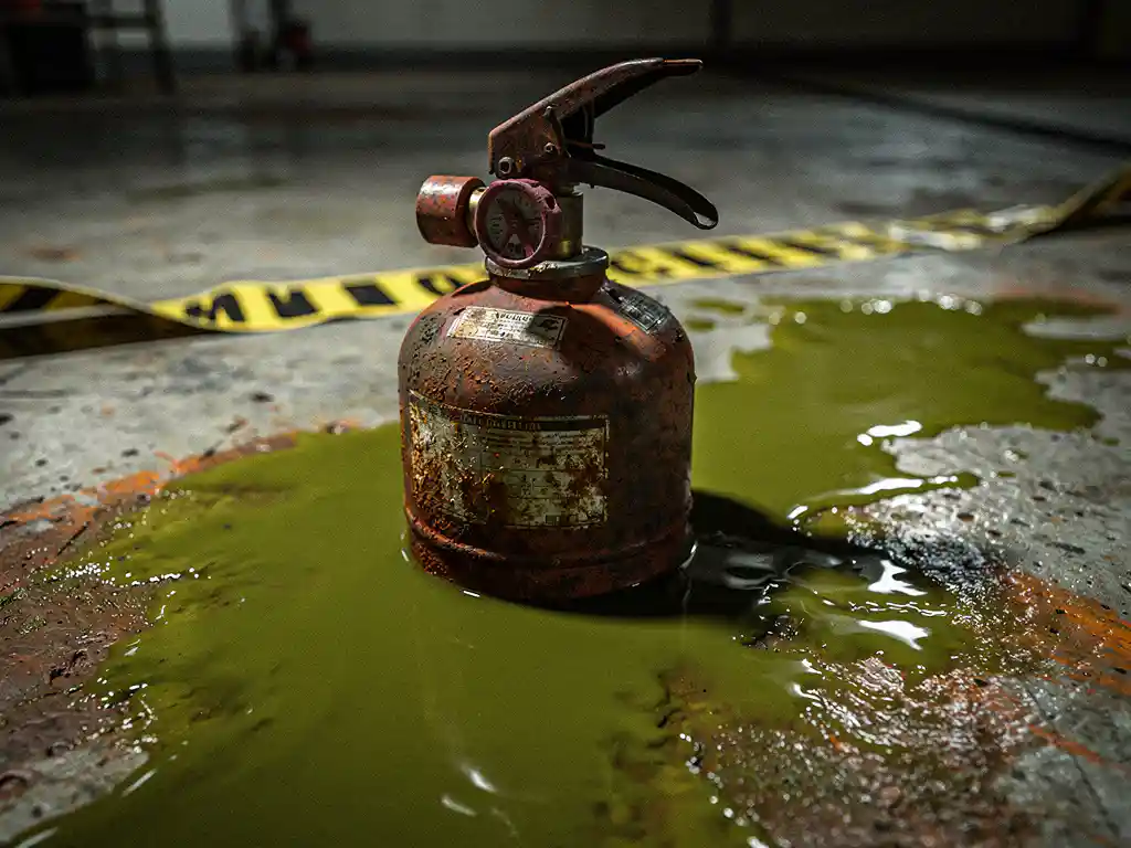 Corroded fire suppression canister half-submerged in murky green water, chemical residue staining surrounding wet concrete floor with warning tape nearby.