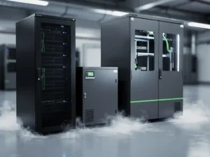 Server rack, battery storage unit, and electrical switchgear in a clean facility with nitrogen gas wisps and cool steel-blue tones.