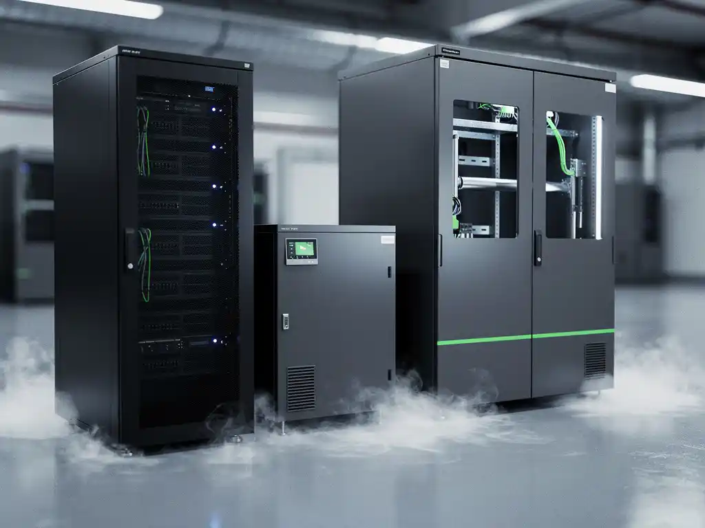 Server rack, battery storage unit, and electrical switchgear in a clean facility with nitrogen gas wisps and cool steel-blue tones.