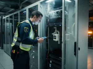 Fire prevention specialist inspecting a server cabinet with early smoke wisps near cable trays and a suppression unit mounted inside the door.
