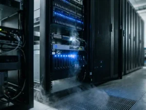 Black server rack in a dimly lit data center with electric blue indicator lights, faint smoke near a network switch, and nitrogen mist at the cabinet base.