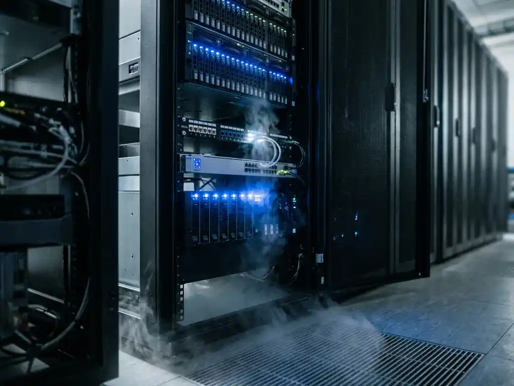 Black server rack in a dimly lit data center with electric blue indicator lights, faint smoke near a network switch, and nitrogen mist at the cabinet base.