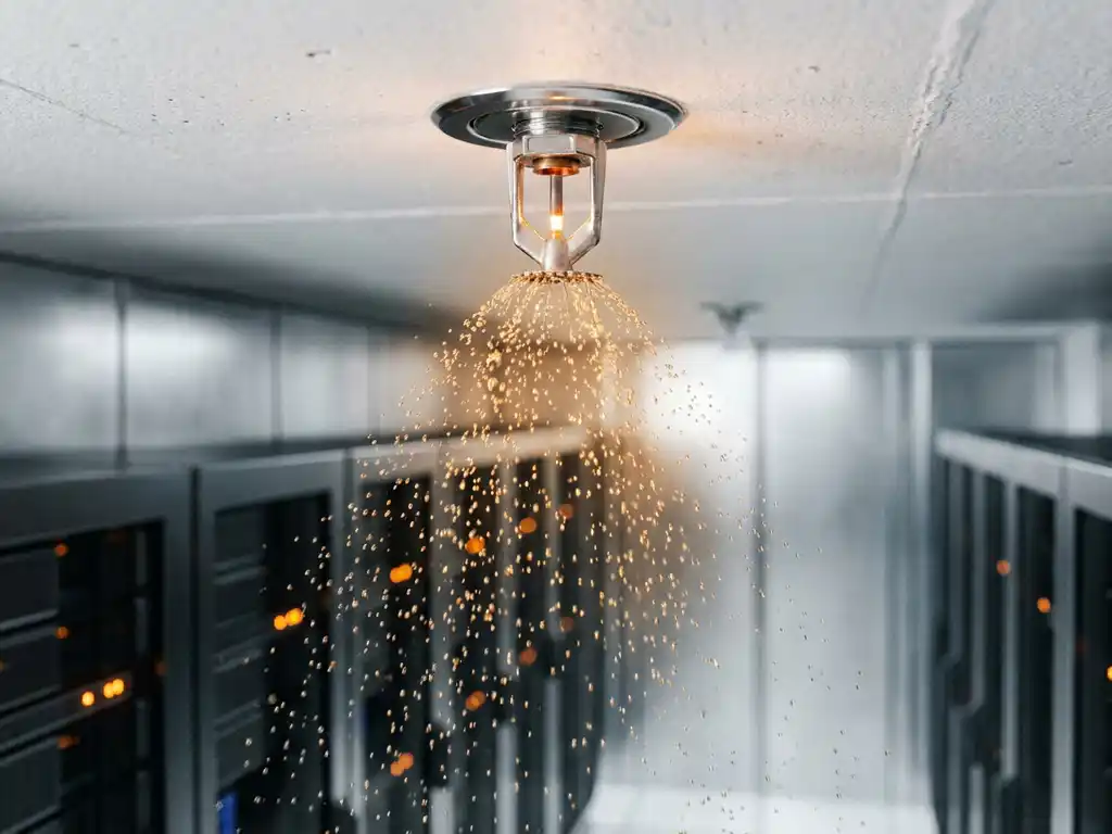Stainless steel fire sprinkler head on white ceiling activating with water mist, server room corridor visible in background.