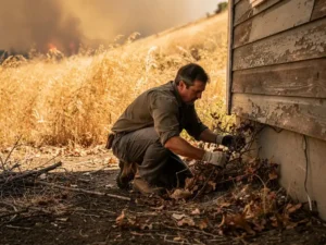 Homeowner clearing dry brush and dead leaves from a wooden house foundation with smoke-hazed sky and scorched hillside in the background.