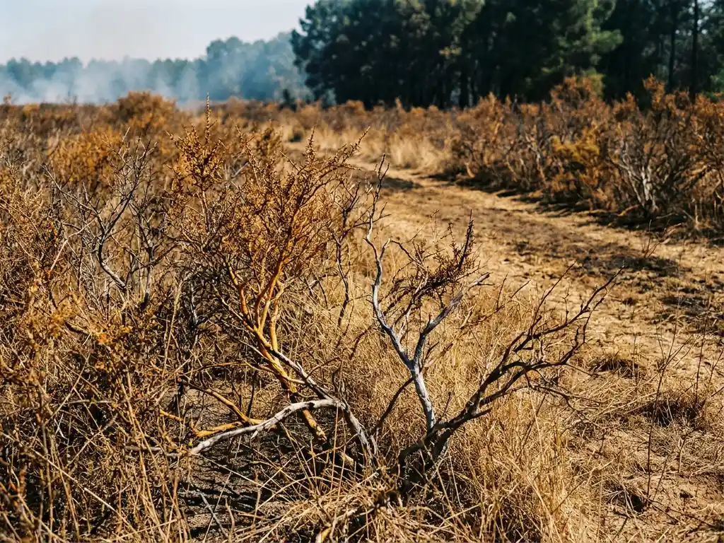 Dry scrubland with brittle golden grass and twisted shrubs, a firebreak strip cutting through, faint smoke haze on the horizon under harsh midday sun.