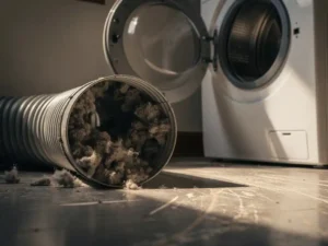 Lint-clogged dryer vent hose disconnected on laundry room floor, dry lint packed inside duct opening near white residential dryer.
