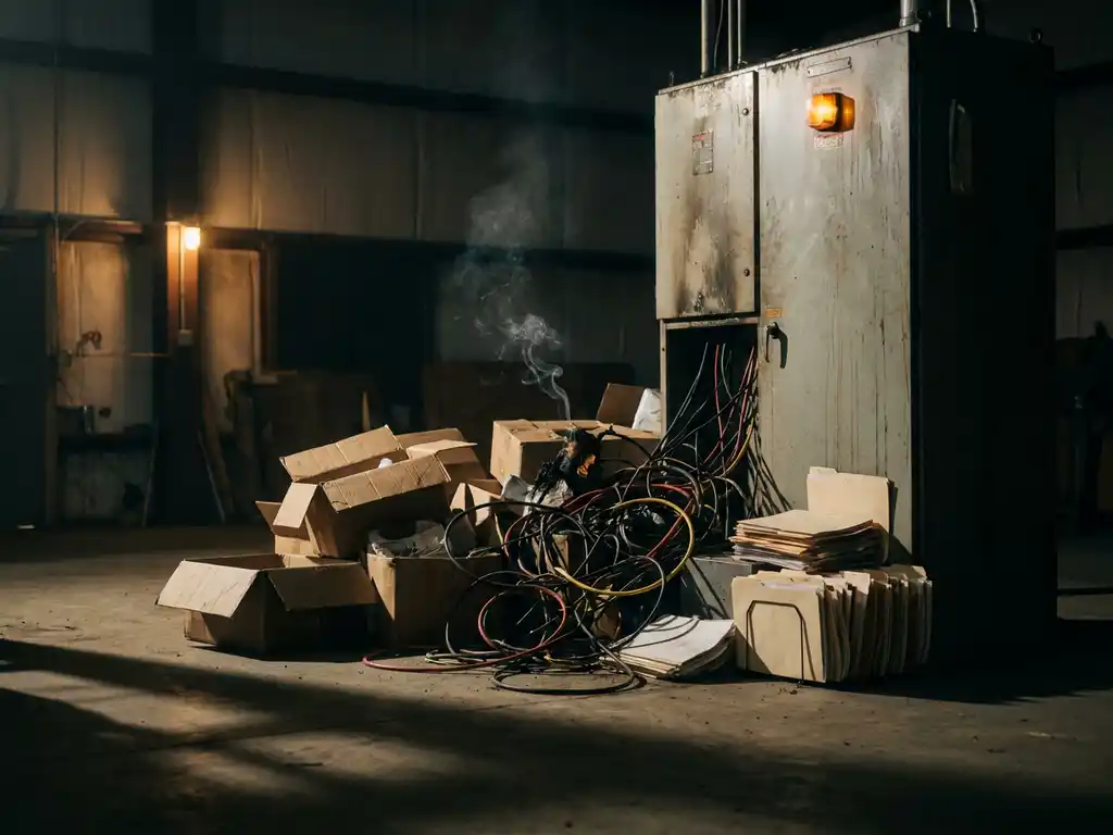 Cardboard boxes, tangled cables, and paper files piled near an electrical cabinet with smoke rising, fire hazard in a dimly lit warehouse.