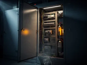 Industrial electrical cabinet ajar revealing dense wiring and circuits, faint smoke at base with fire suppression canister mounted inside.