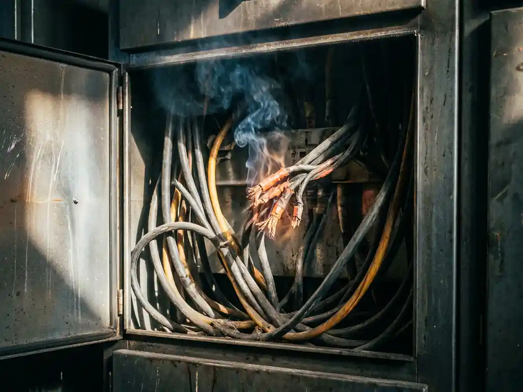 Overheating electrical cables packed inside an open industrial switchgear cabinet, with heat haze and faint smoke rising from tangled wires.