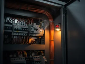Open electrical cabinet with dense wiring, circuit breakers, and faint smoke curling from a component, with an early fire detection sensor mounted inside.