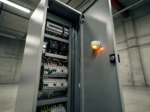 Industrial electrical cabinet door ajar, exposing dense circuit breakers, wiring, and interior smoke detection sensor under fluorescent lighting.