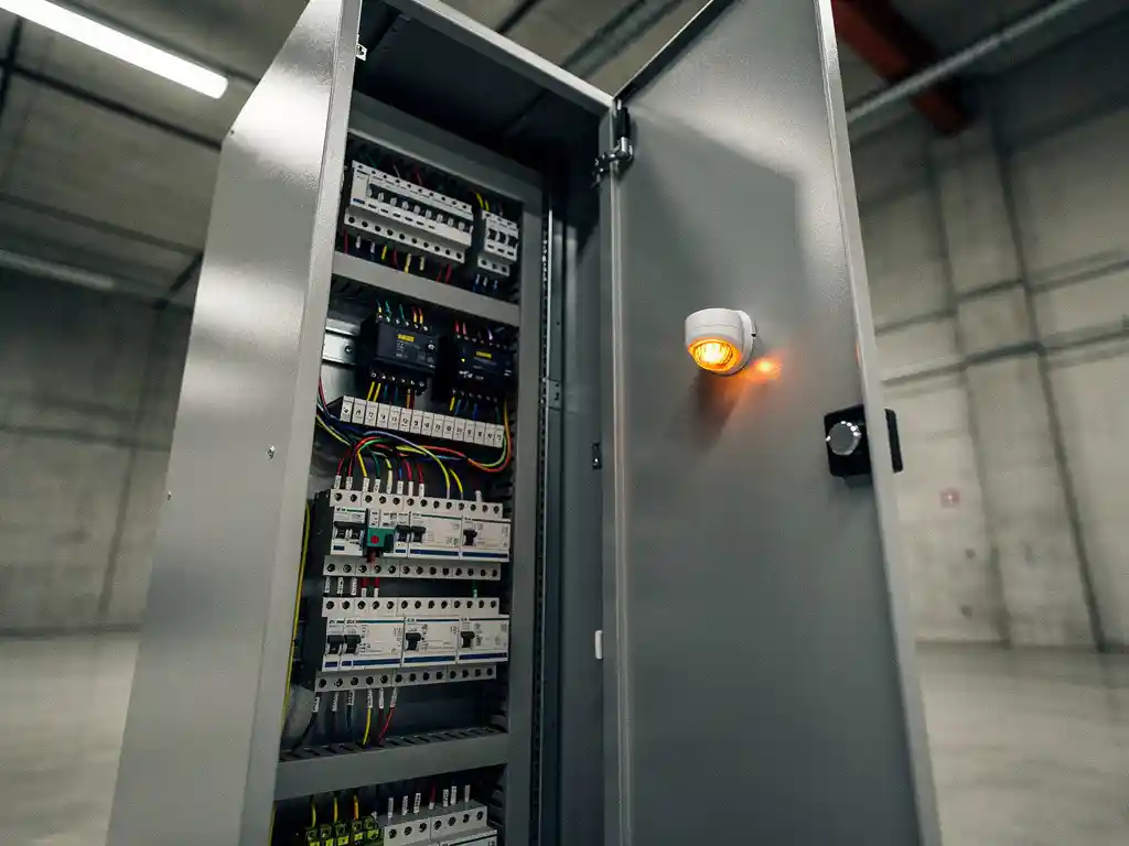 Industrial electrical cabinet door ajar, exposing dense circuit breakers, wiring, and interior smoke detection sensor under fluorescent lighting.