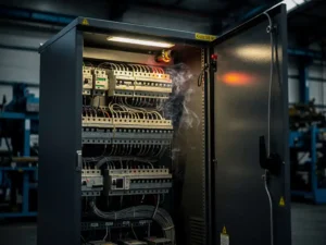 Open electrical enclosure cabinet with smoking circuit breakers and wiring, fire suppression nozzle mounted at interior corner, industrial facility background.