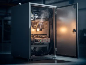 Industrial electrical enclosure door ajar, exposing dense wiring, circuit breakers, and a smoke wisp with a detection sensor mounted inside.