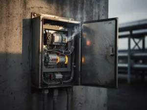 Weathered outdoor electrical enclosure on concrete wall, door ajar revealing dense wiring with smoke curling from within.