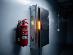 Red fire extinguisher mounted on industrial wall beside electrical switchgear cabinet emitting smoke and amber warning glow.