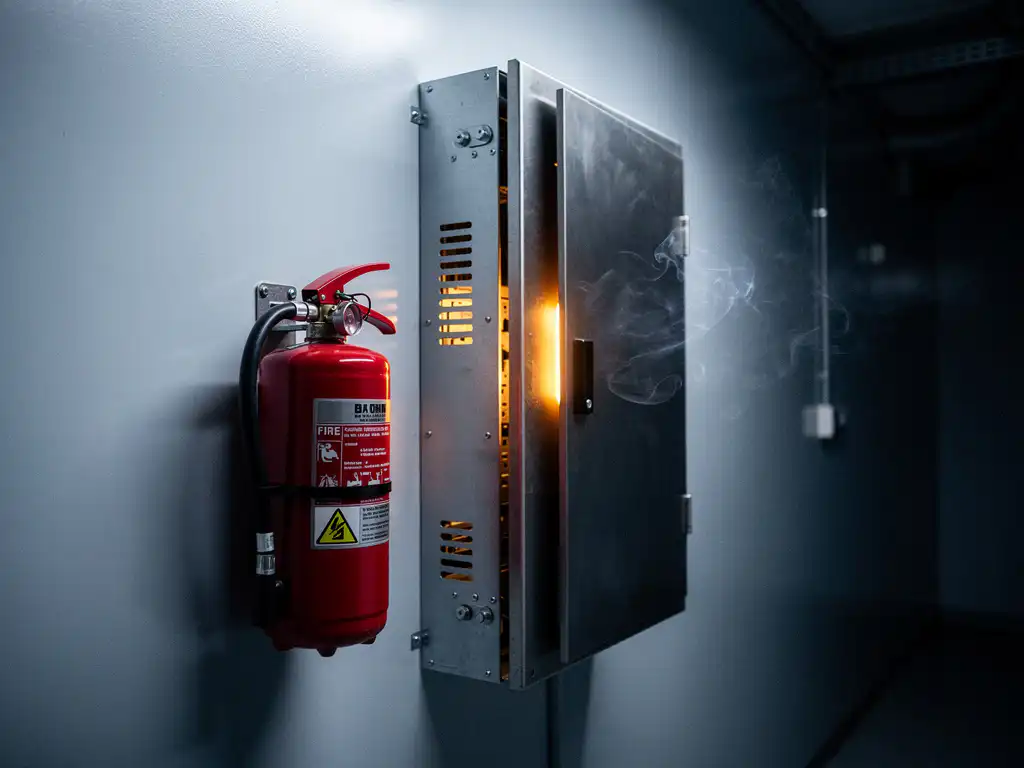 Red fire extinguisher mounted on industrial wall beside electrical switchgear cabinet emitting smoke and amber warning glow.
