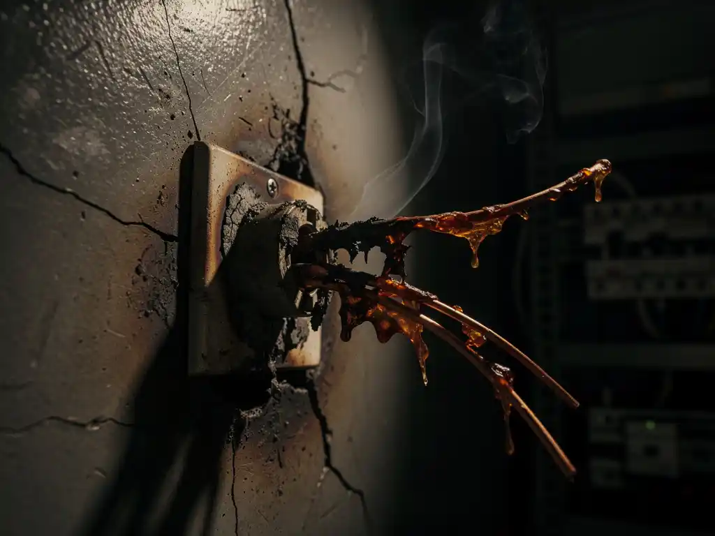 Scorched electrical outlet with melted copper wiring and blackened insulation emitting smoke in an industrial switchgear cabinet.