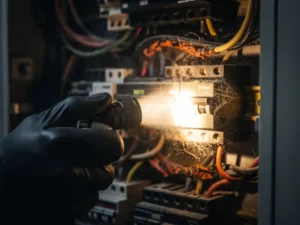 Gloved hand shining a flashlight on a residential electrical panel showing dust and smoke residue on dark metal surfaces.